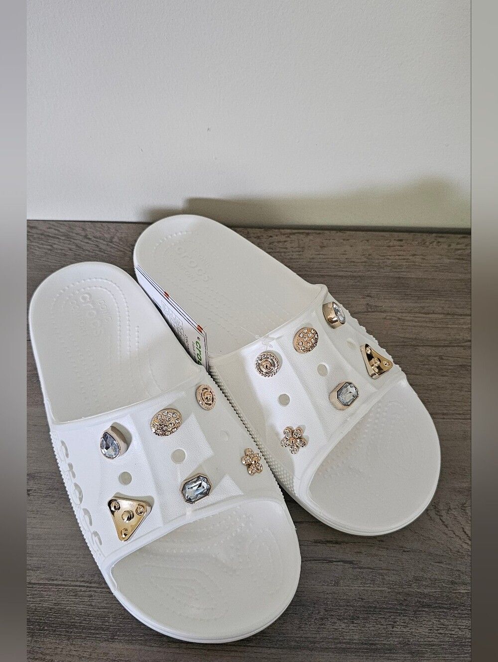 CROCS Women Baya II White Slide Sandals with Gold Gem Charms W 10 M 8